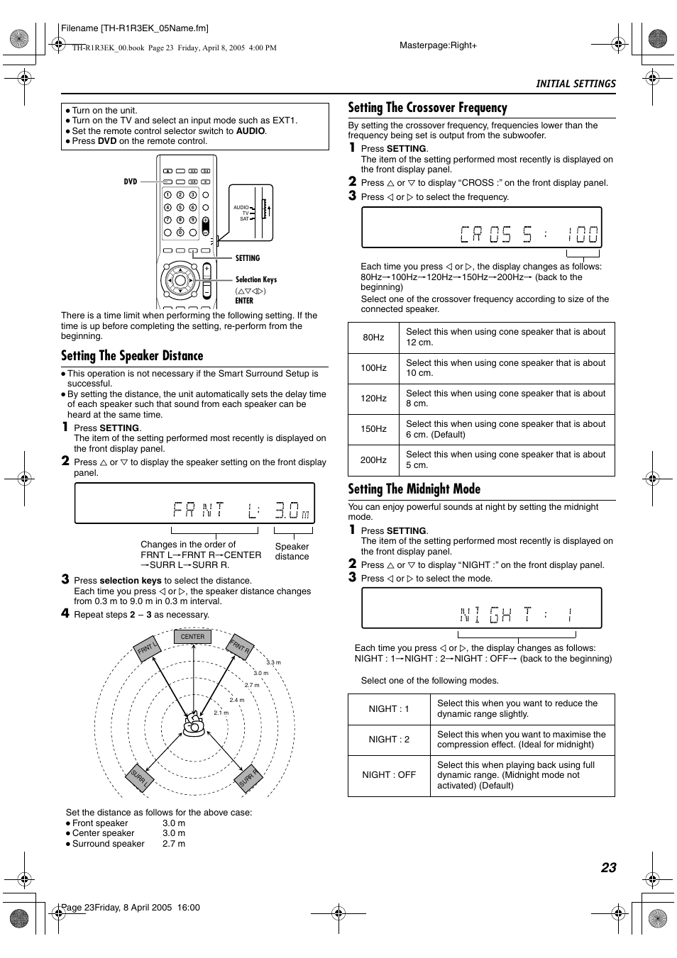 Setting the speaker distance, Setting the crossover frequency, Setting the midnight mode | Initial settings | JVC TH-R3 User Manual | Page 27 / 100