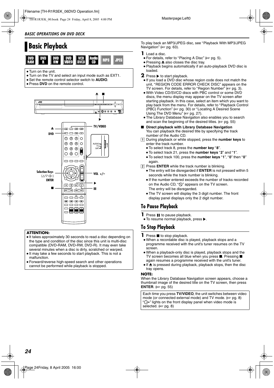 Basic operations on dvd deck, Basic playback, To pause playback | To stop playback | JVC TH-R3 User Manual | Page 28 / 100