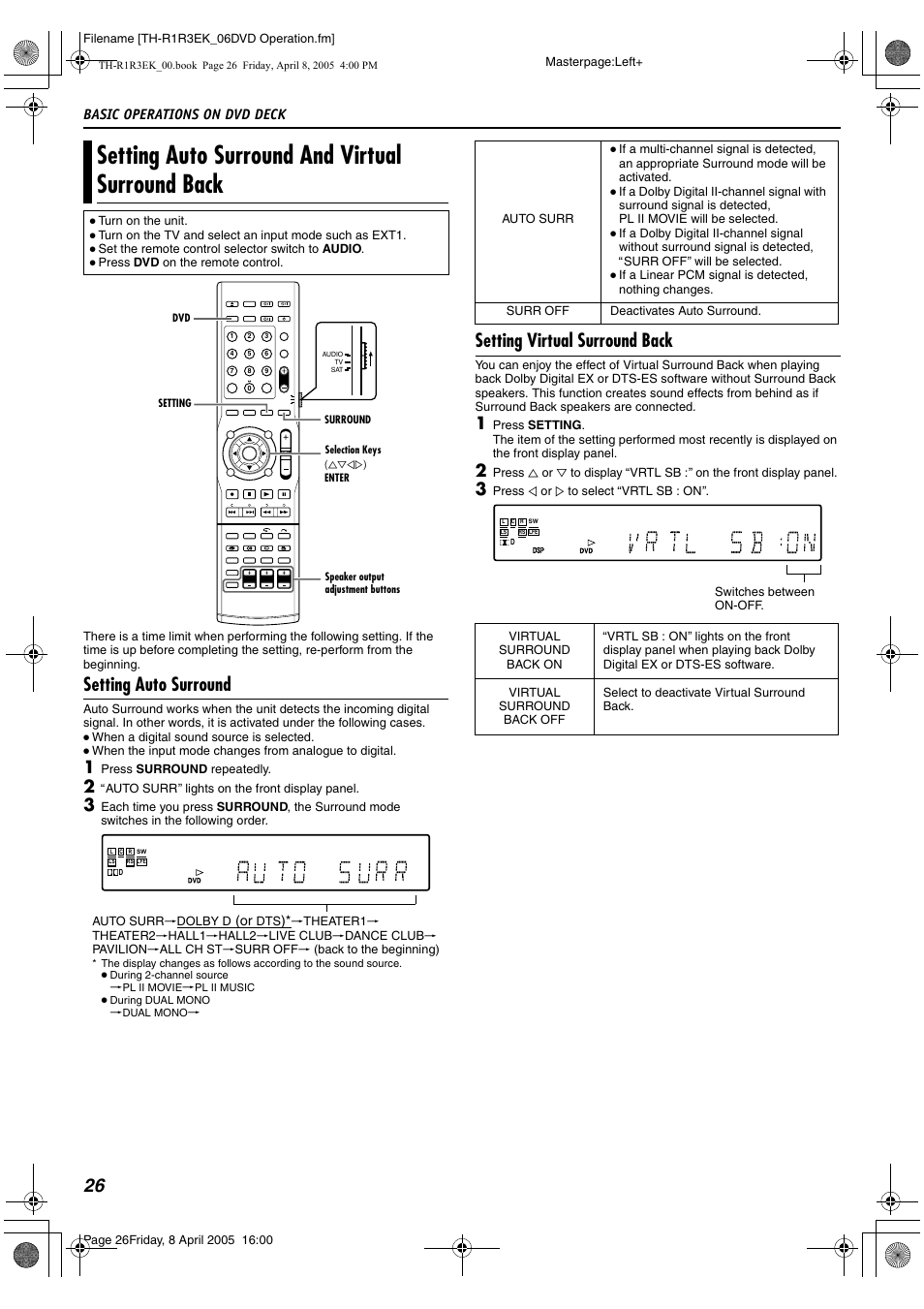 Setting auto surround and virtual surround back, Setting auto surround, Setting virtual surround back | Basic operations on dvd deck | JVC TH-R3 User Manual | Page 30 / 100