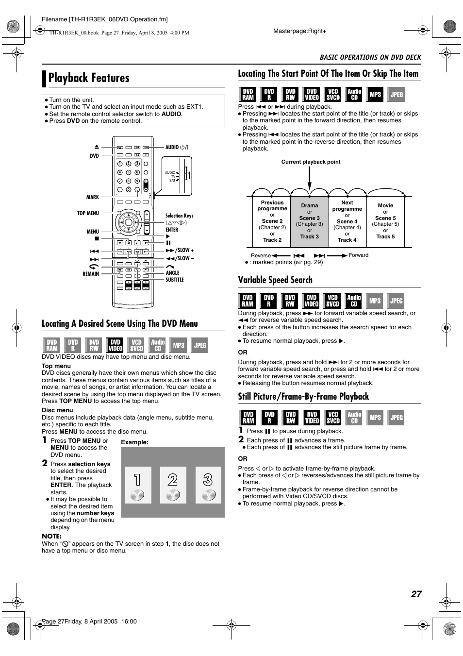 Playback features, Locating a desired scene using the dvd menu, Variable speed search | Still picture/frame-by-frame playback, 27 locating a desired scene using the dvd menu, Basic operations on dvd deck | JVC TH-R3 User Manual | Page 31 / 100