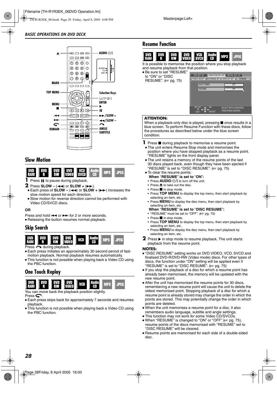 Slow motion, Skip search, One touch replay | Resume function, 28 slow motion, Basic operations on dvd deck | JVC TH-R3 User Manual | Page 32 / 100