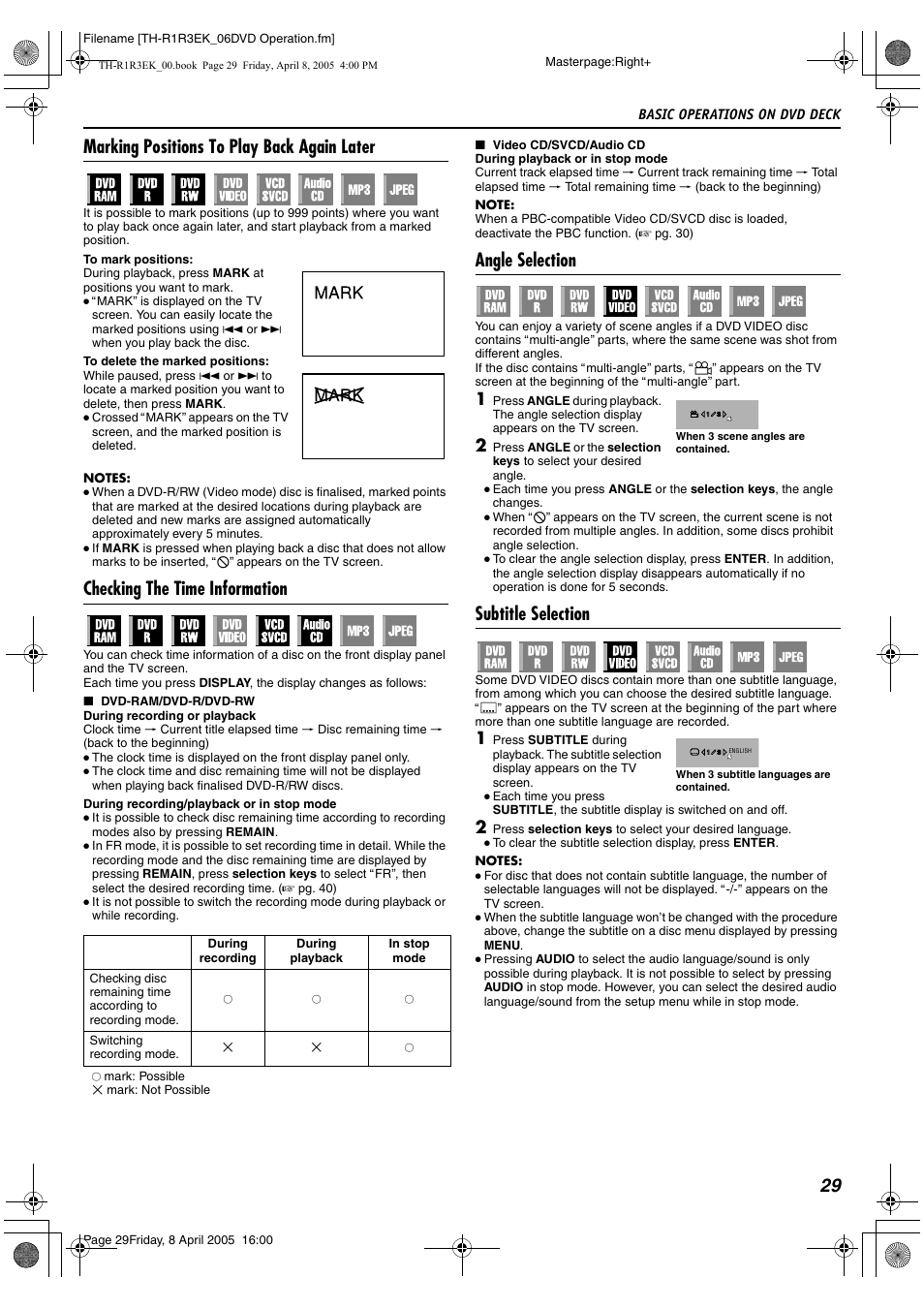 Marking positions to play back again later, Checking the time information, Angle selection | Subtitle selection, 29 marking positions to play back again later | JVC TH-R3 User Manual | Page 33 / 100