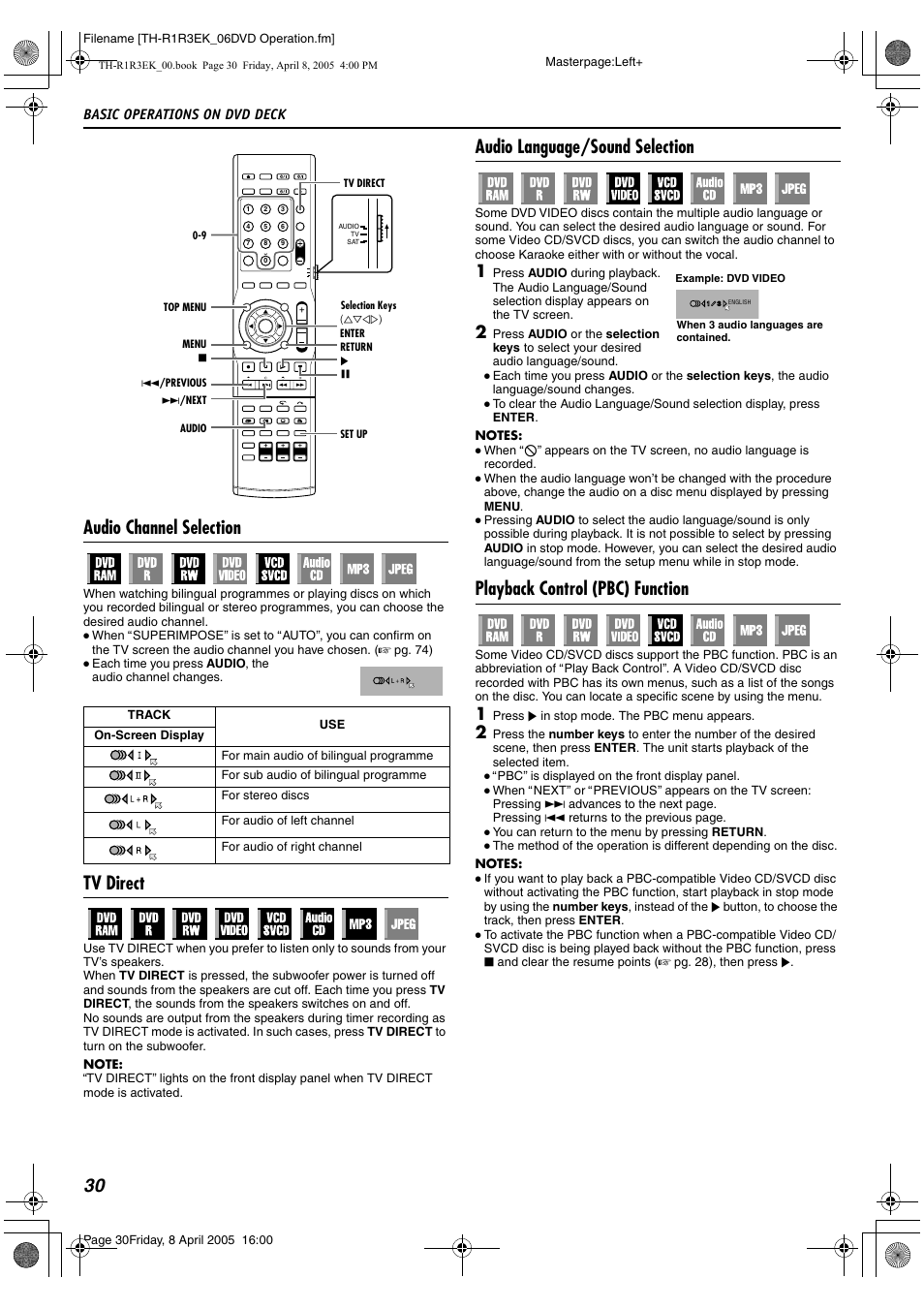 Audio channel selection, Tv direct, Audio language/sound selection | Playback control (pbc) function, 30 audio channel selection, Basic operations on dvd deck | JVC TH-R3 User Manual | Page 34 / 100