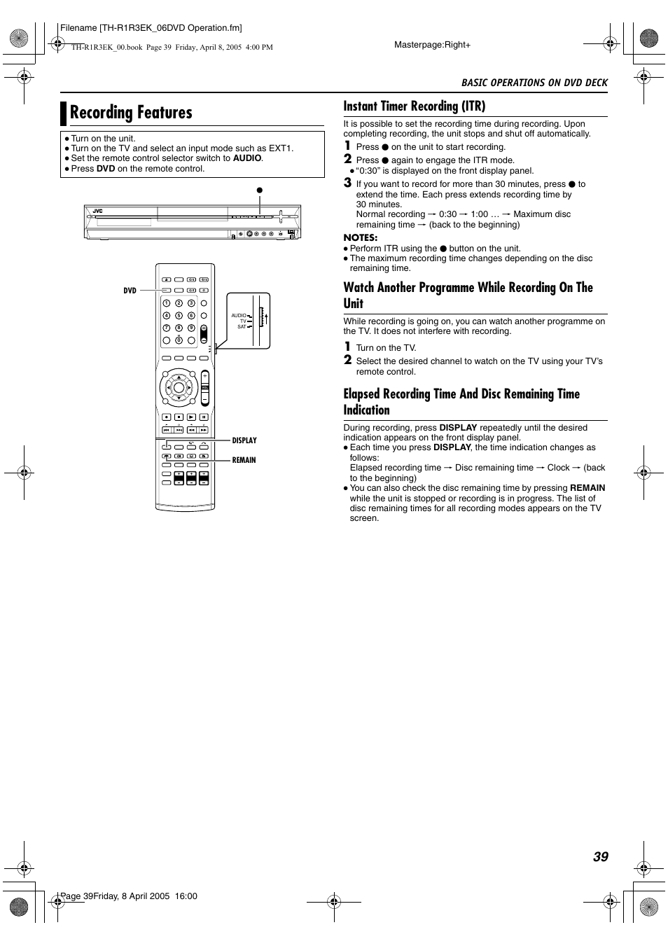 Recording features, Instant timer recording (itr), 39 instant timer recording (itr) | JVC TH-R3 User Manual | Page 43 / 100