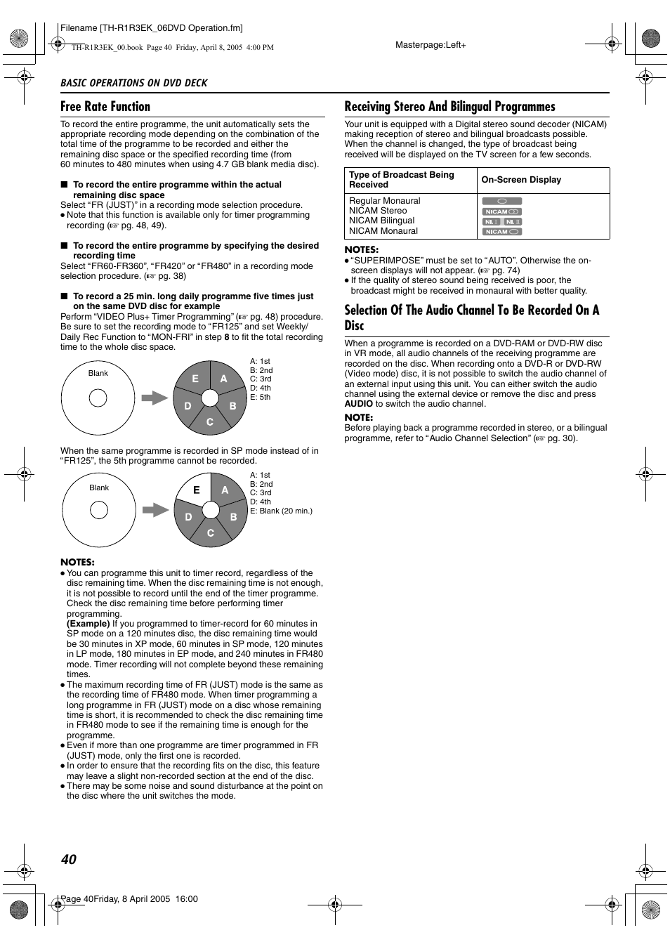 Free rate function, Receiving stereo and bilingual programmes, 40 free rate function | JVC TH-R3 User Manual | Page 44 / 100