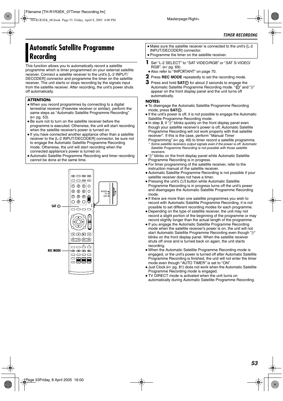 Automatic satellite programme recording, Timer recording | JVC TH-R3 User Manual | Page 57 / 100