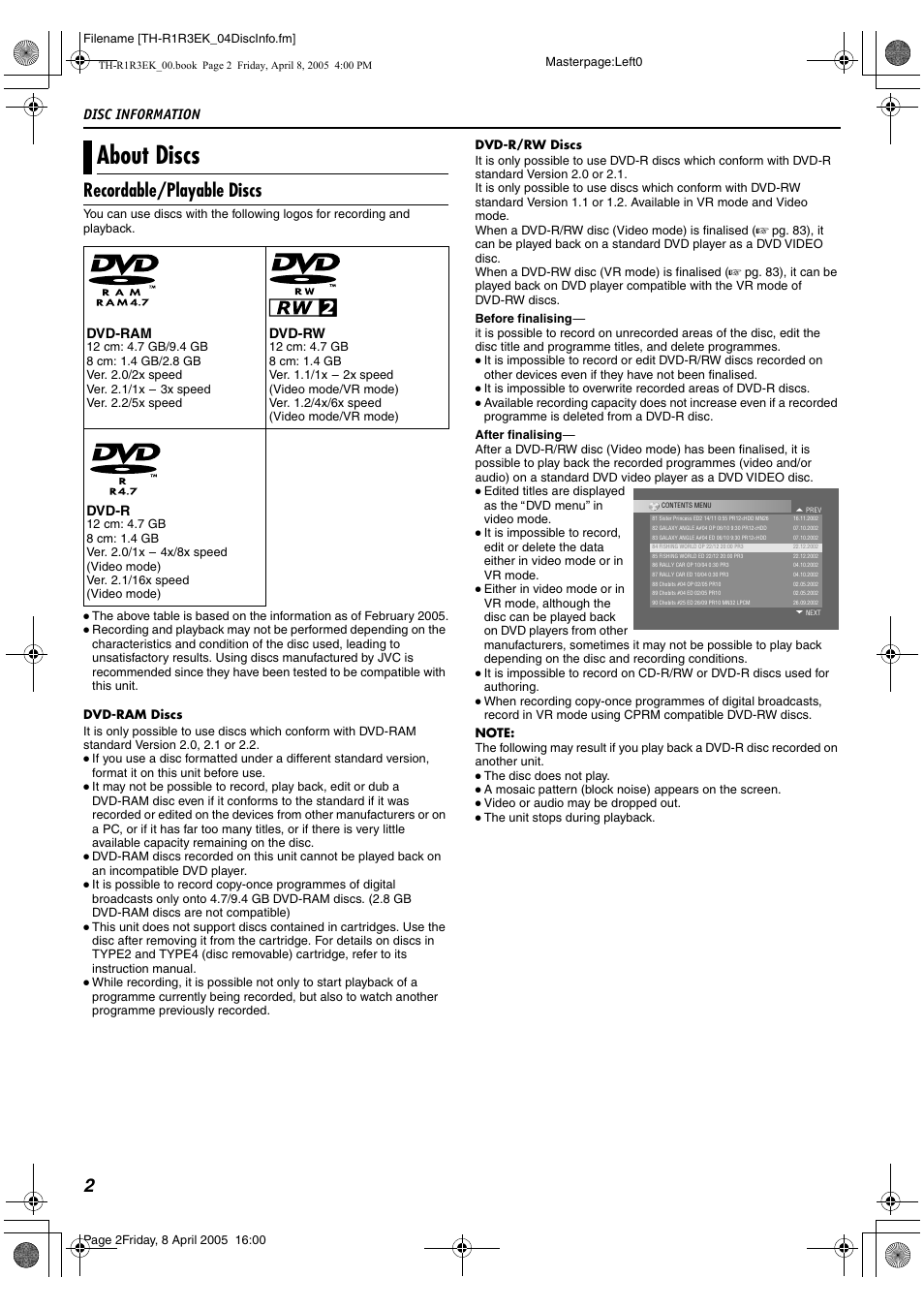 Disc information, About discs, Recordable/playable discs | Dvd-ram, Dvd-rw, Dvd-r | JVC TH-R3 User Manual | Page 6 / 100