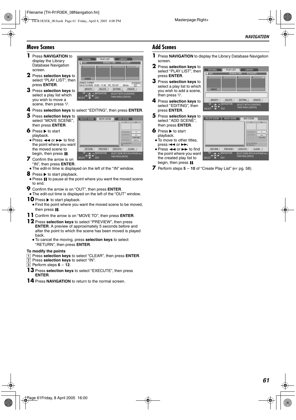 Move scenes, Add scenes, 61 move scenes | Navigation | JVC TH-R3 User Manual | Page 65 / 100