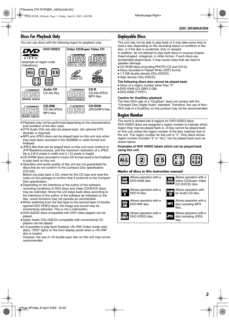 Discs for playback only, Unplayable discs, Region number | 3discs for playback only | JVC TH-R3 User Manual | Page 7 / 100