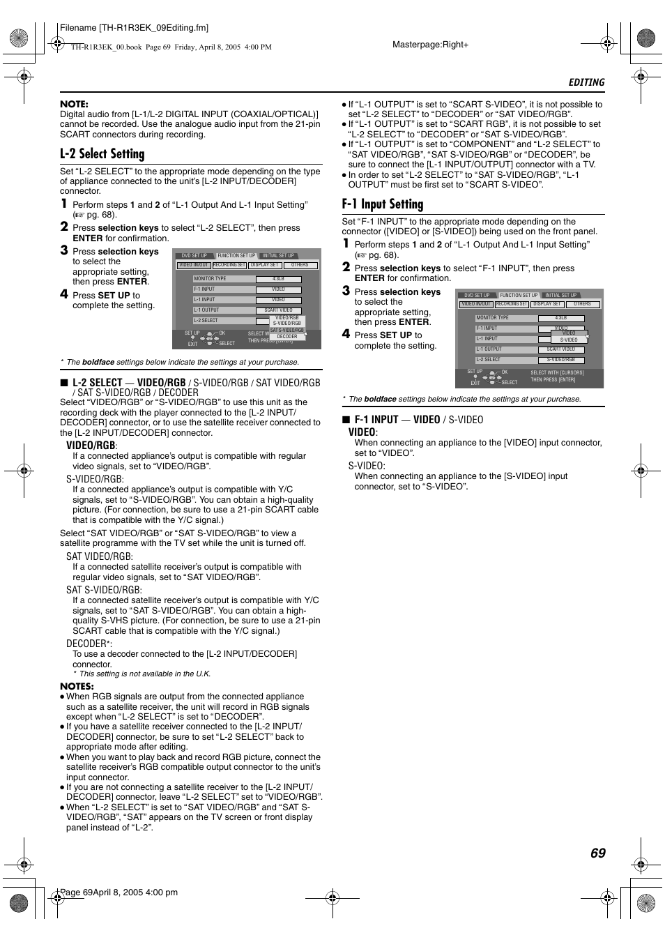 L-2 select setting, F-1 input setting, Editing | L-2 select, Video/rgb, F-1 input, Video | JVC TH-R3 User Manual | Page 73 / 100