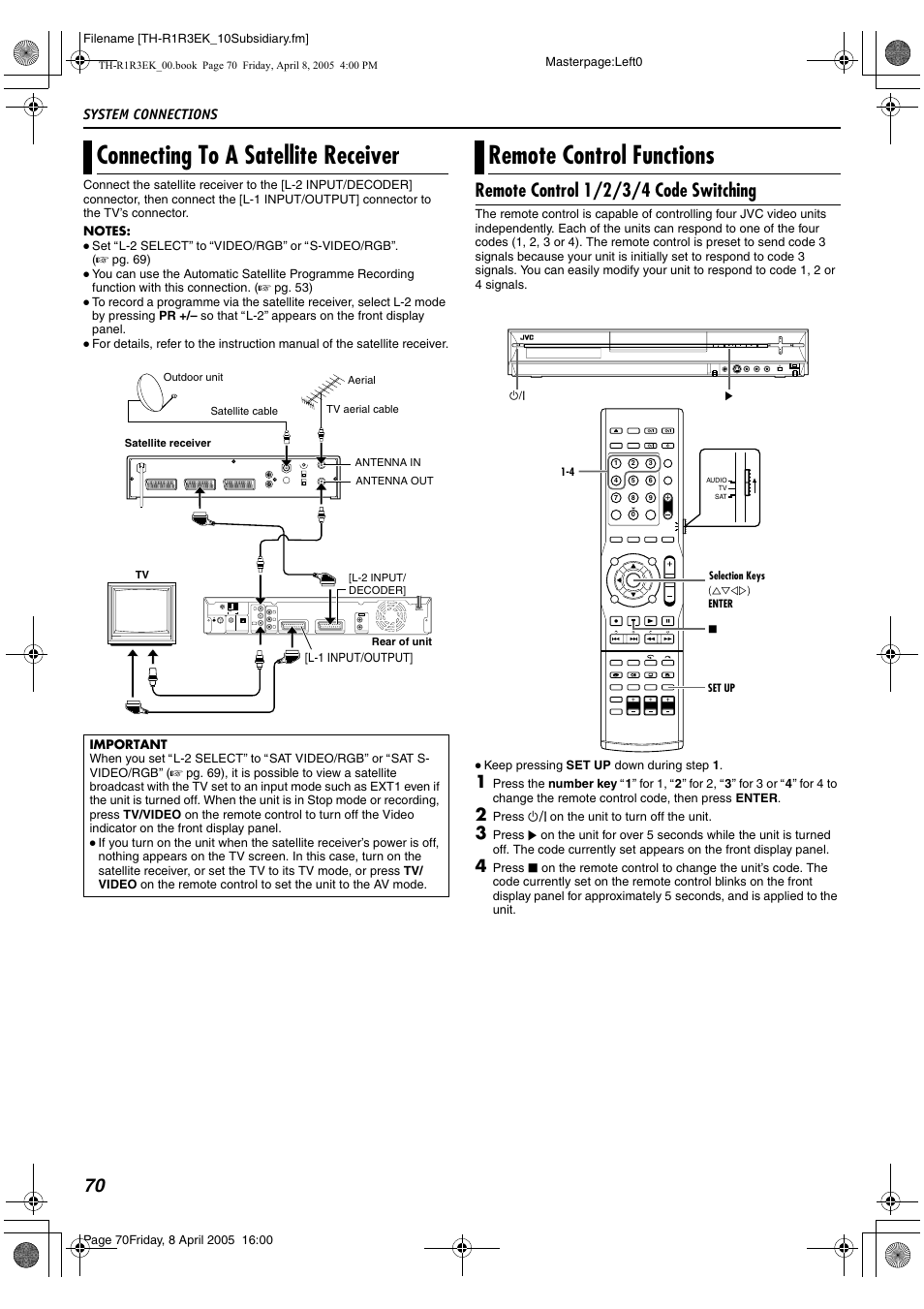 System connections, Connecting to a satellite receiver, Remote control functions | Remote control 1/2/3/4 code switching | JVC TH-R3 User Manual | Page 74 / 100
