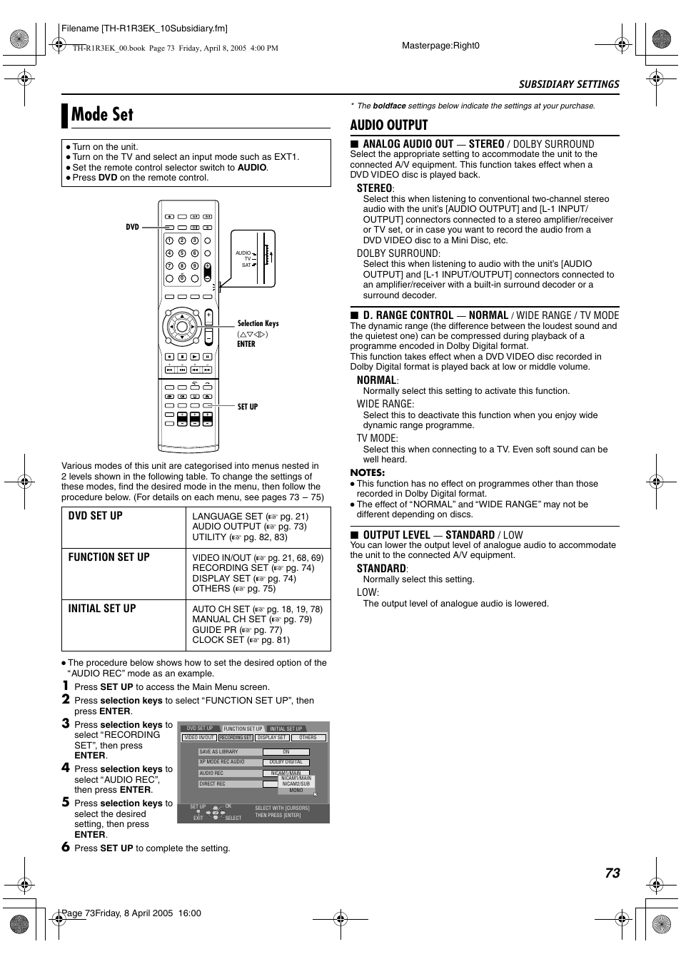 Subsidiary settings, Mode set, Audio output | Analog audio out, Stereo, D. range control, Normal, Output level, Standard, Dvd set up | JVC TH-R3 User Manual | Page 77 / 100