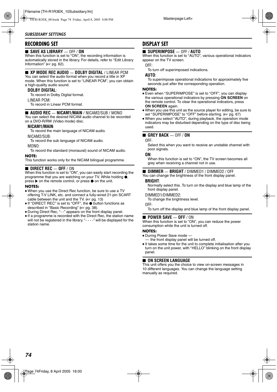74 recording set, Display set | JVC TH-R3 User Manual | Page 78 / 100