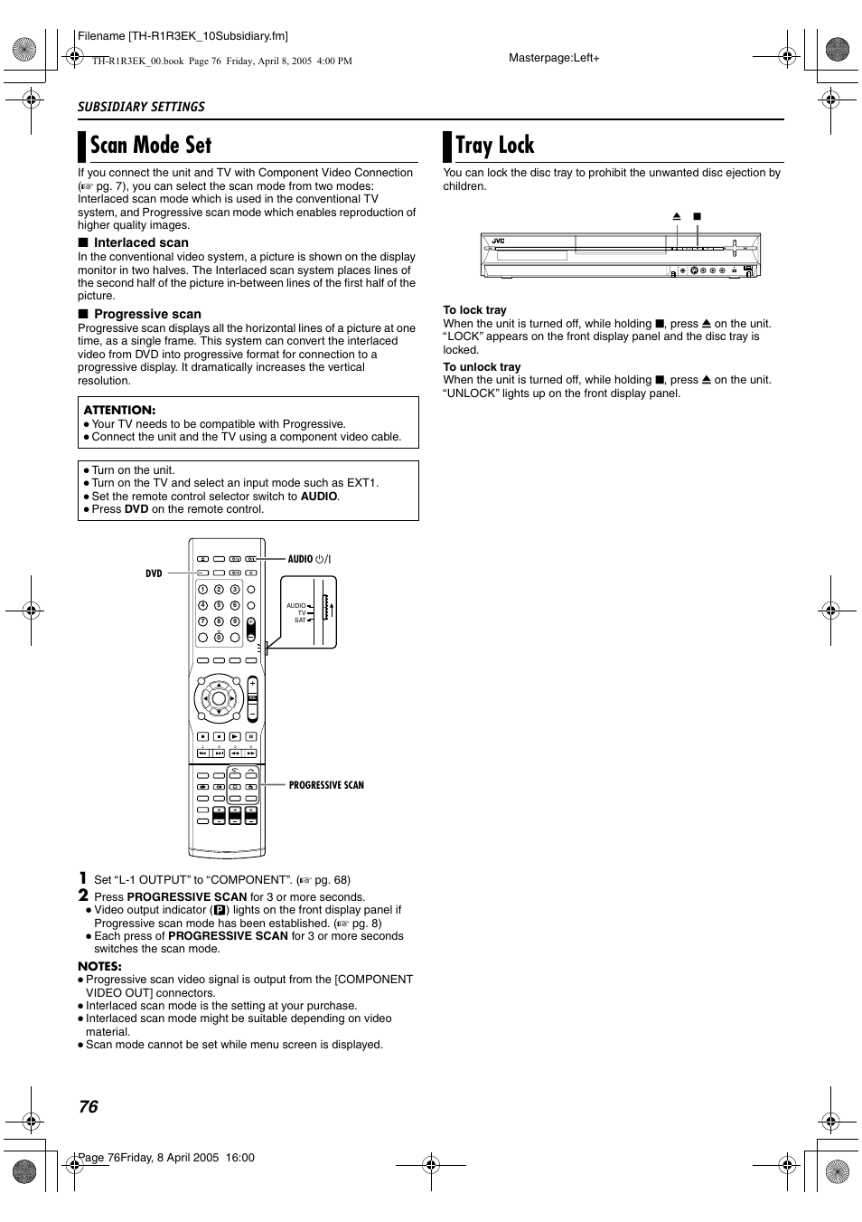 Scan mode set, Tray lock, Scan mode set tray lock | Subsidiary settings | JVC TH-R3 User Manual | Page 80 / 100