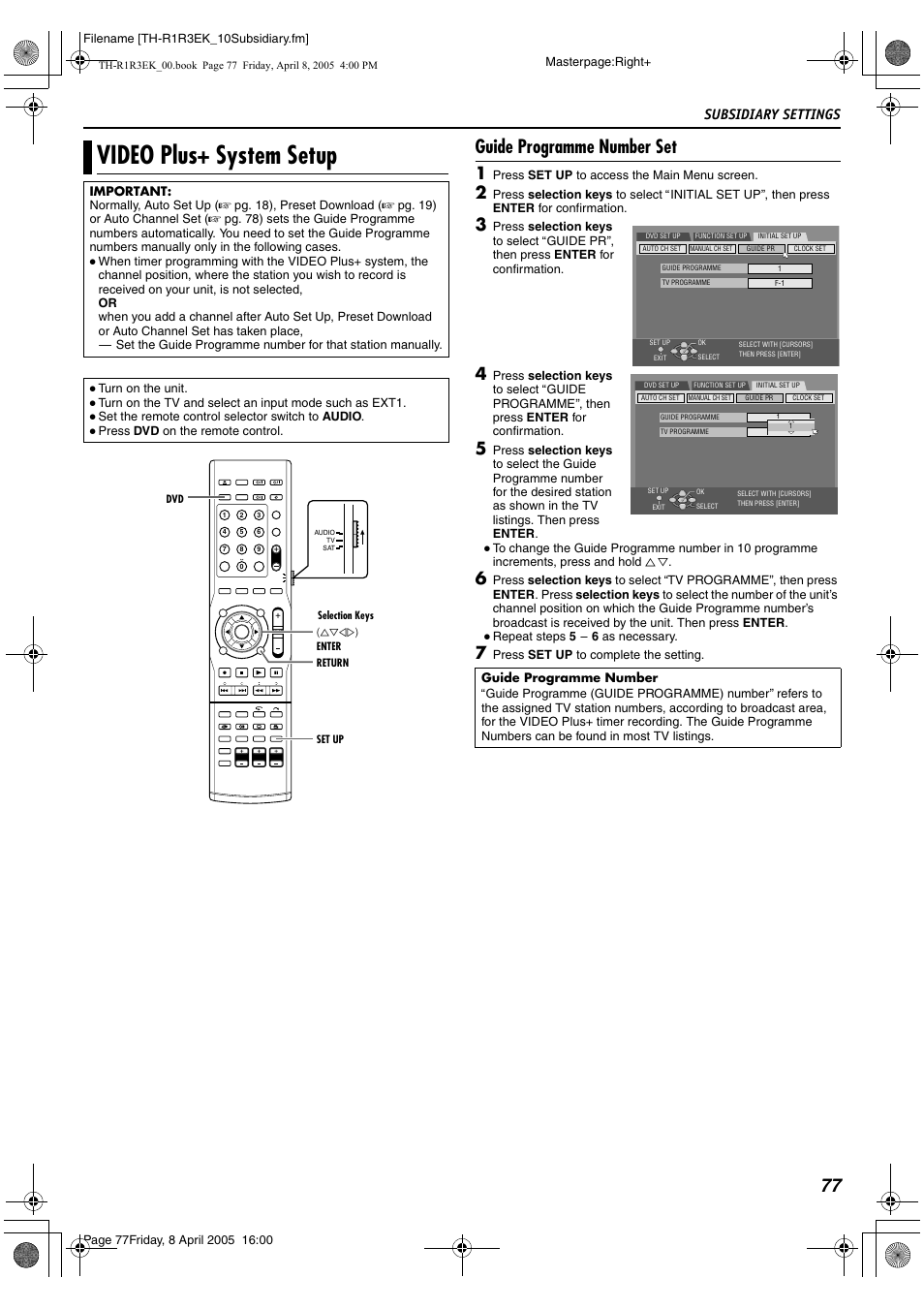 Video plus+ system setup, Guide programme number set, 77 guide programme number set | Subsidiary settings | JVC TH-R3 User Manual | Page 81 / 100
