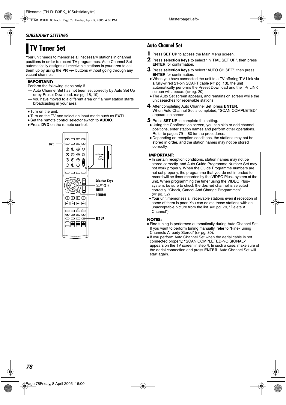 Tv tuner set, Auto channel set | JVC TH-R3 User Manual | Page 82 / 100