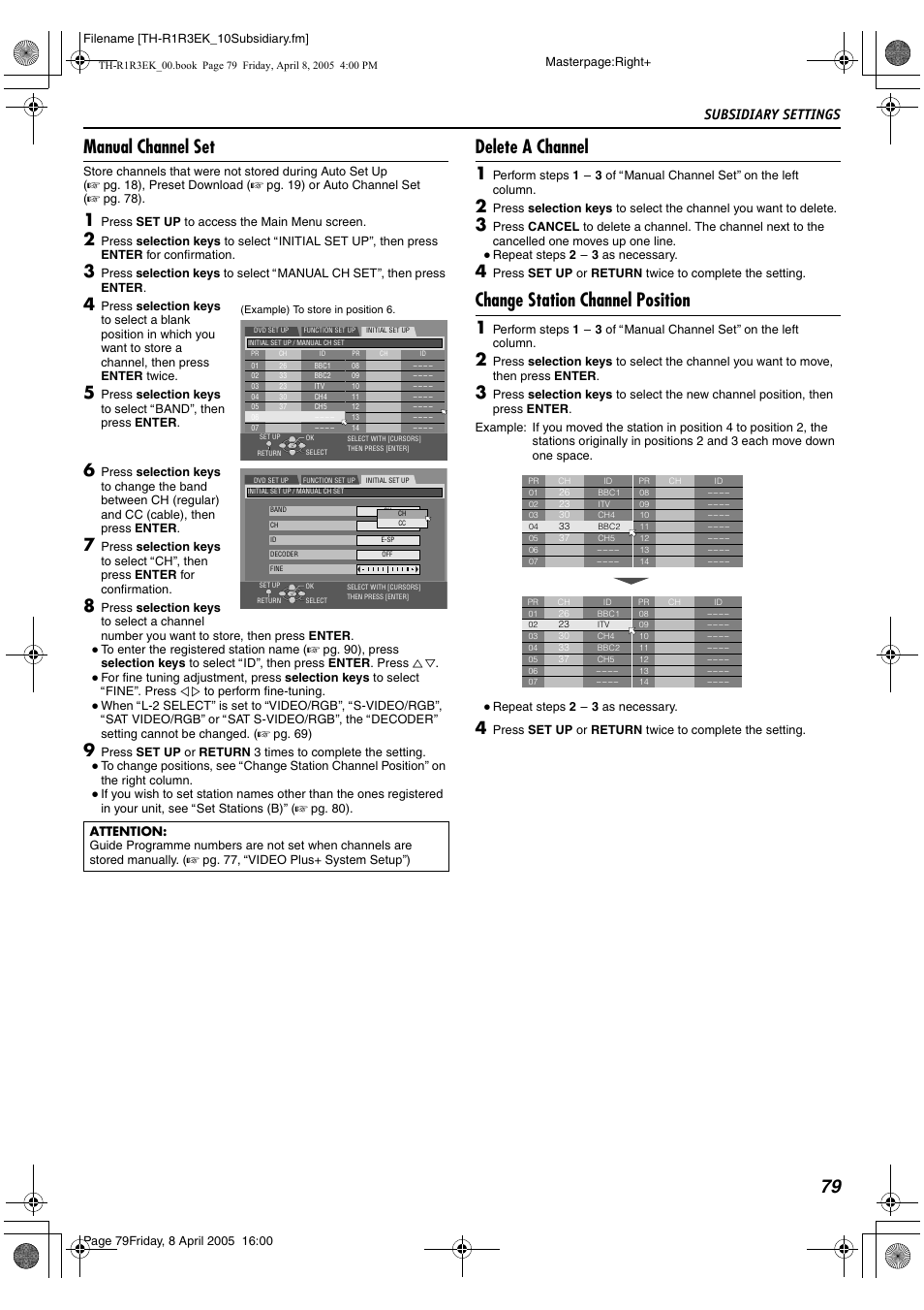 Manual channel set, Delete a channel, Change station channel position | 79 manual channel set, Subsidiary settings | JVC TH-R3 User Manual | Page 83 / 100