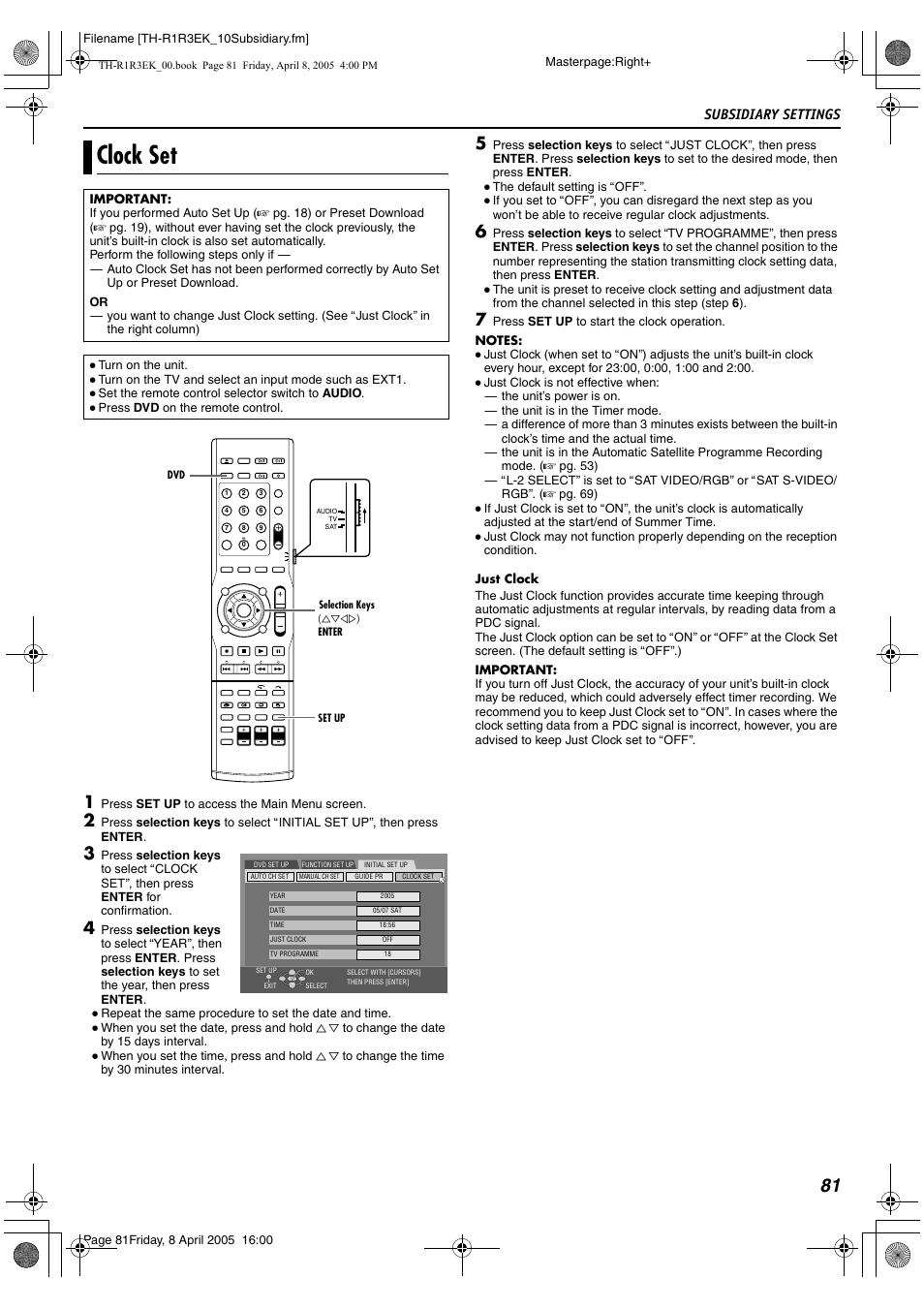 Clock set, Subsidiary settings | JVC TH-R3 User Manual | Page 85 / 100