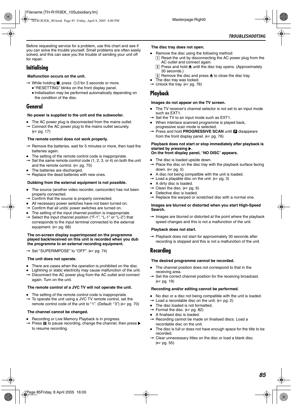Troubleshooting, Initialising, General | Playback, Recording | JVC TH-R3 User Manual | Page 89 / 100