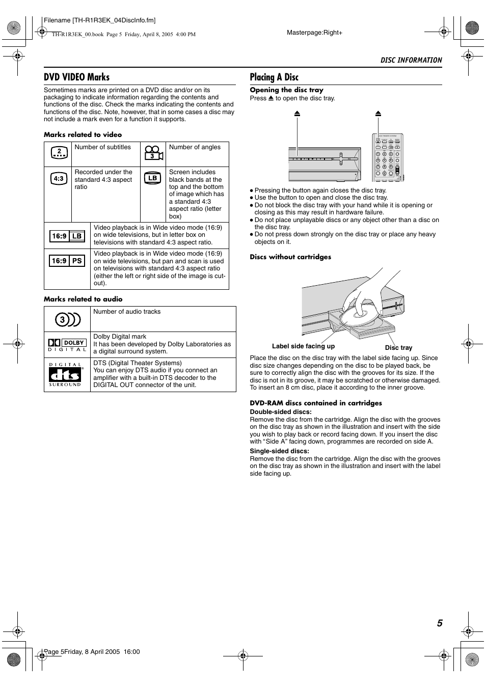 Dvd video marks, Placing a disc, 5dvd video marks | Disc information, Pressing the button again closes the disc tray, Use the button to open and close the disc tray, Disc tray label side facing up | JVC TH-R3 User Manual | Page 9 / 100