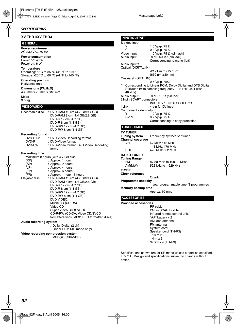 Specifications | JVC TH-R3 User Manual | Page 96 / 100