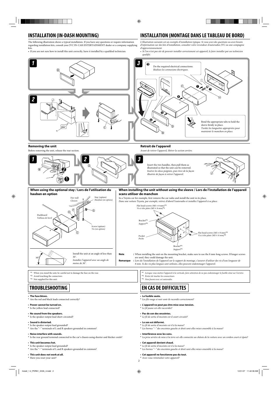 Installation, Removing the unit, Troubleshooting | Installation (in-dash mounting), Installation (montage dans le tableau de bord), En cas de difficultes | JVC KD-APD89 User Manual | Page 100 / 472