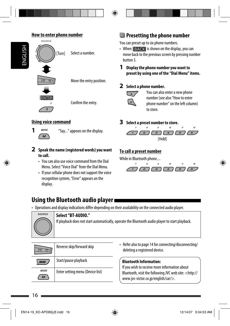 Using the bluetooth audio player | JVC KD-APD89 User Manual | Page 16 / 472