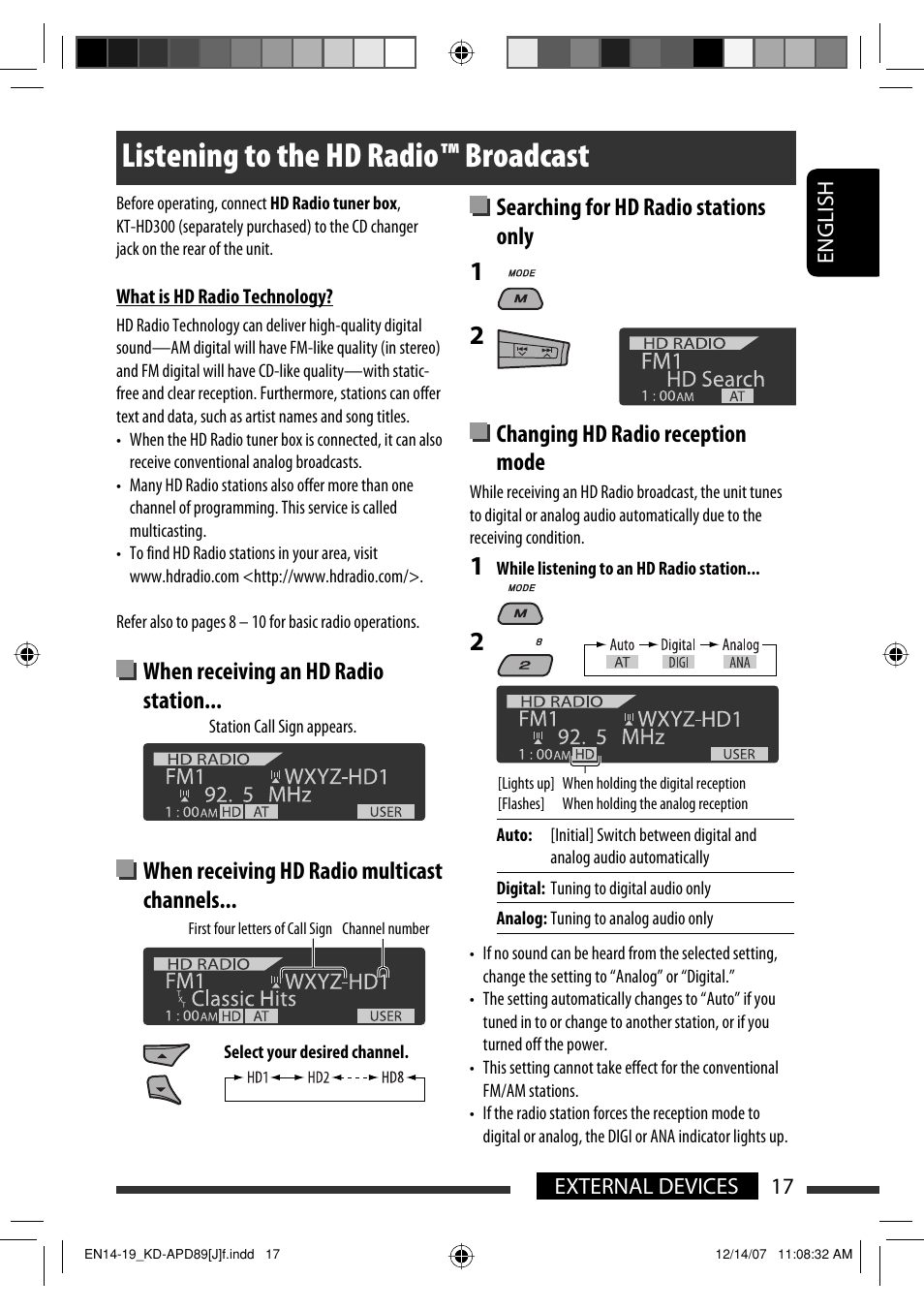 Listening to the hd radio broadcast, Listening to the hd radio ™ broadcast | JVC KD-APD89 User Manual | Page 17 / 472