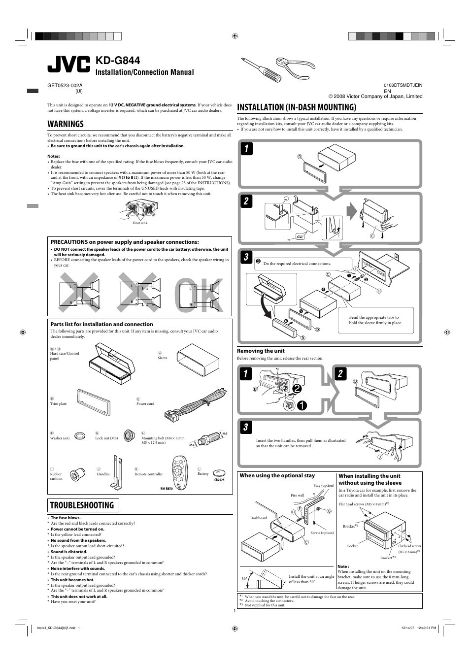 Installation/connection manual, Warnings, Parts list for installation and connection | Troubleshooting, Installation, Removing the unit, Kd-g844, Installation (in-dash mounting) | JVC KD-APD89 User Manual | Page 193 / 472