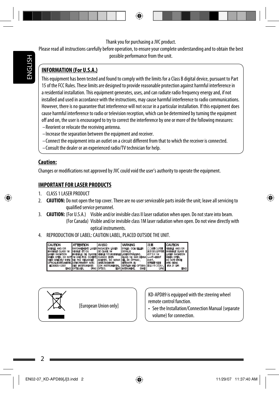 Information (for u.s.a.), Important for laser products | JVC KD-APD89 User Manual | Page 2 / 472