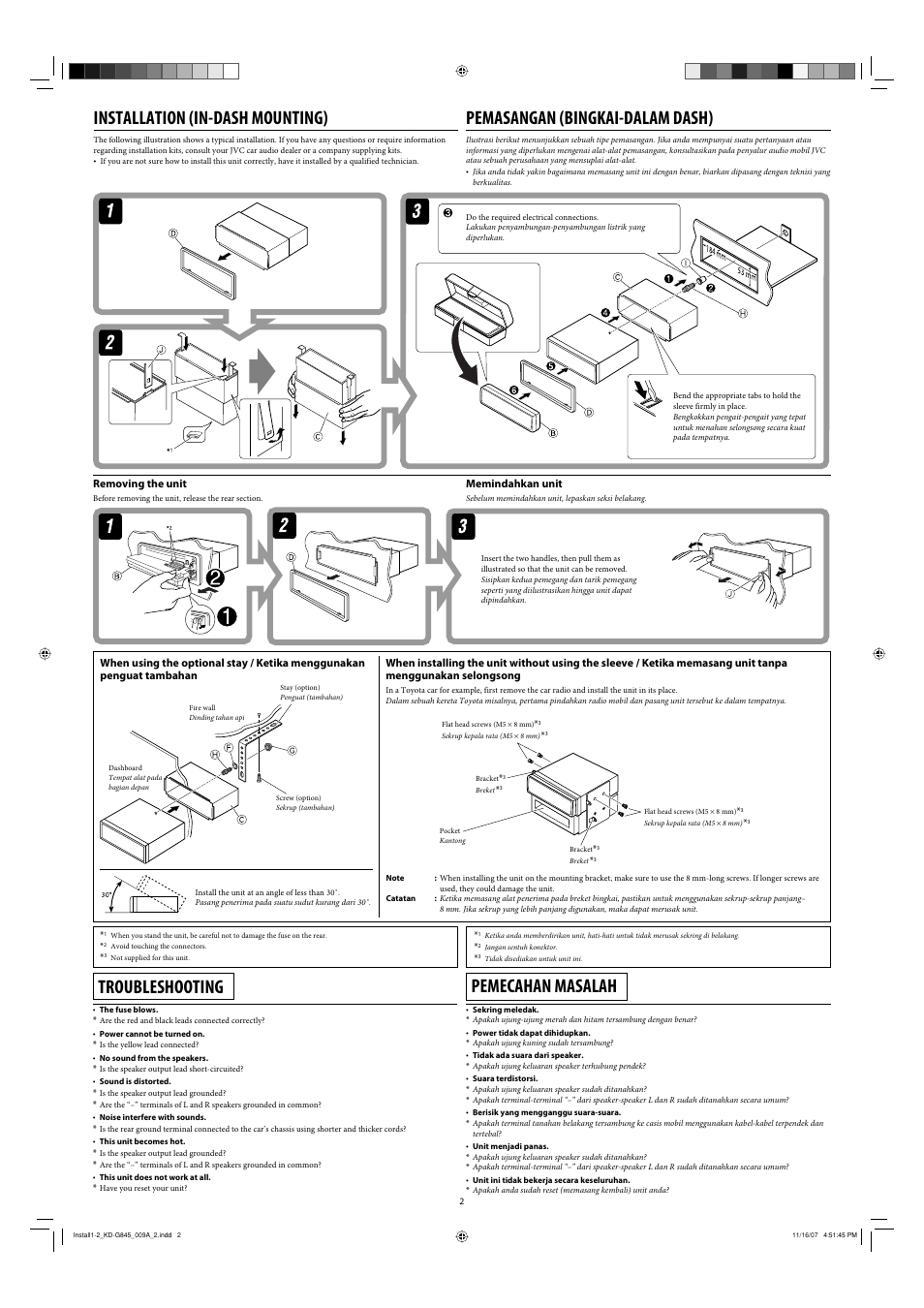 Installation, Removing the unit, Troubleshooting | Installation (in-dash mounting), Pemasangan (bingkai-dalam dash), Pemecahan masalah | JVC KD-APD89 User Manual | Page 280 / 472