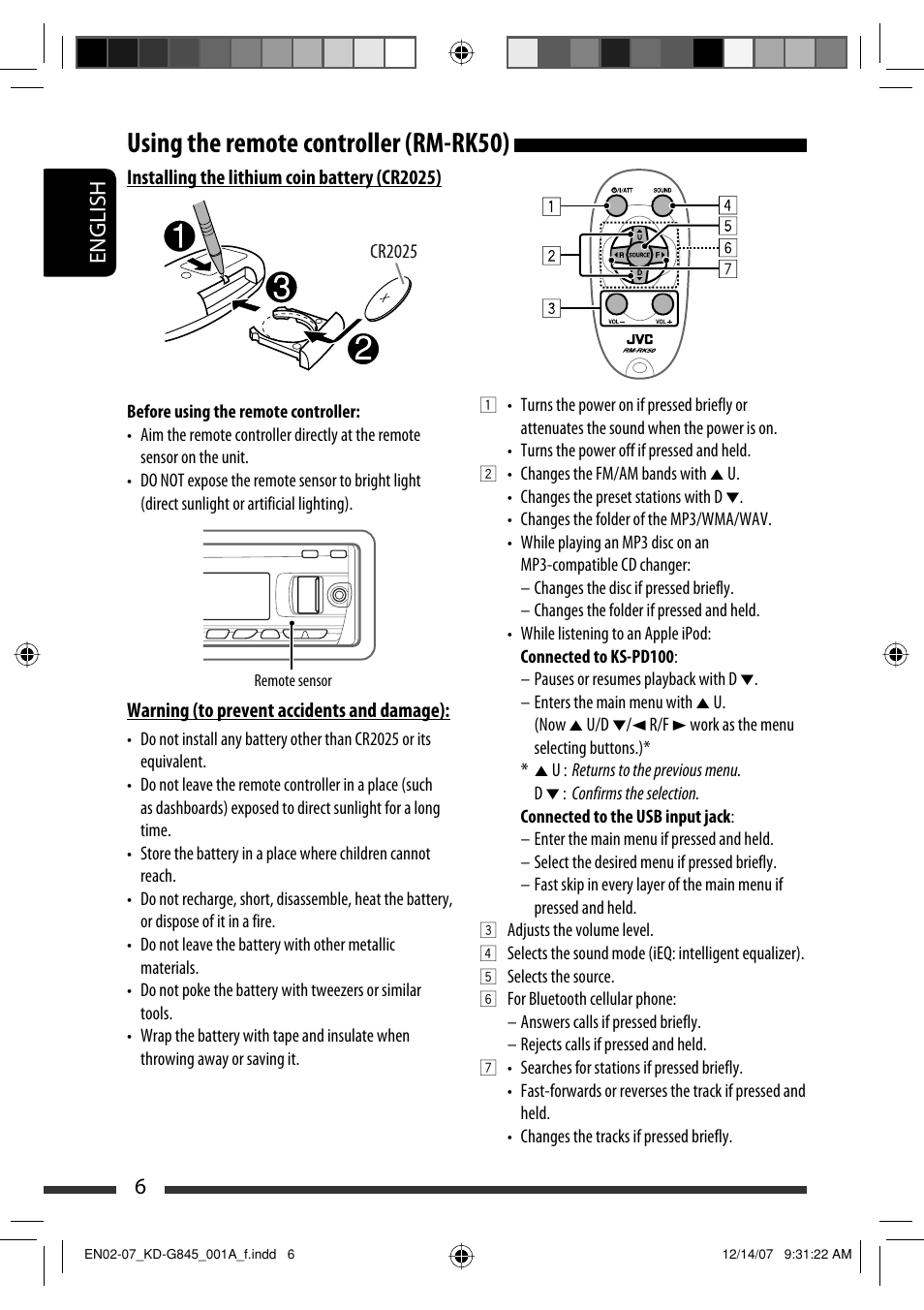 Using the remote controller (rm-rk50) | JVC KD-APD89 User Manual | Page 288 / 472