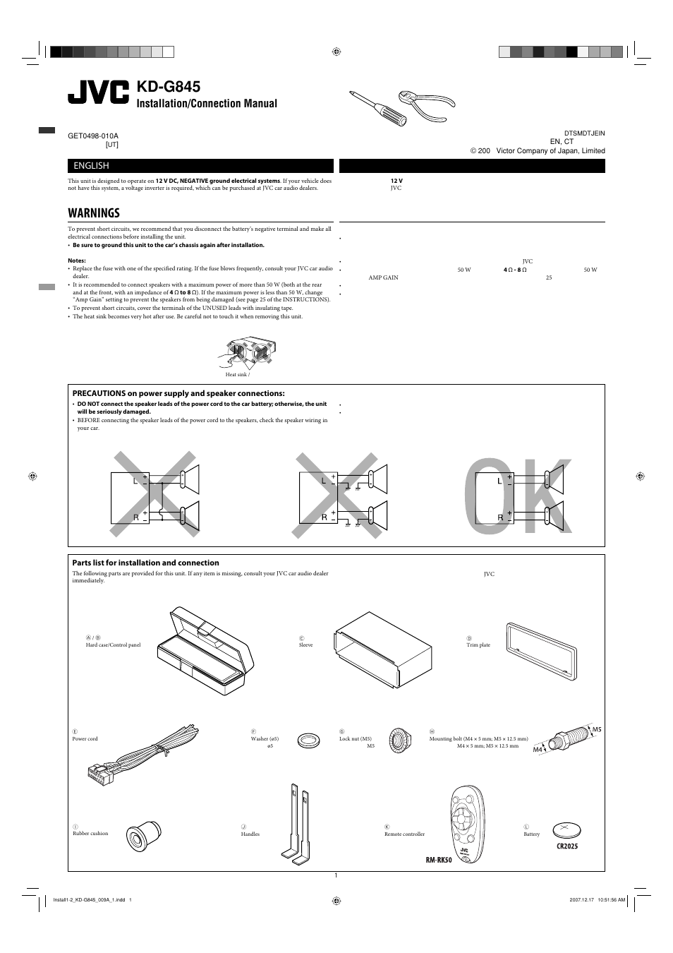 Installation/connection manual, Warnings, Parts list for installation and connection | Kd-g845, English | JVC KD-APD89 User Manual | Page 323 / 472