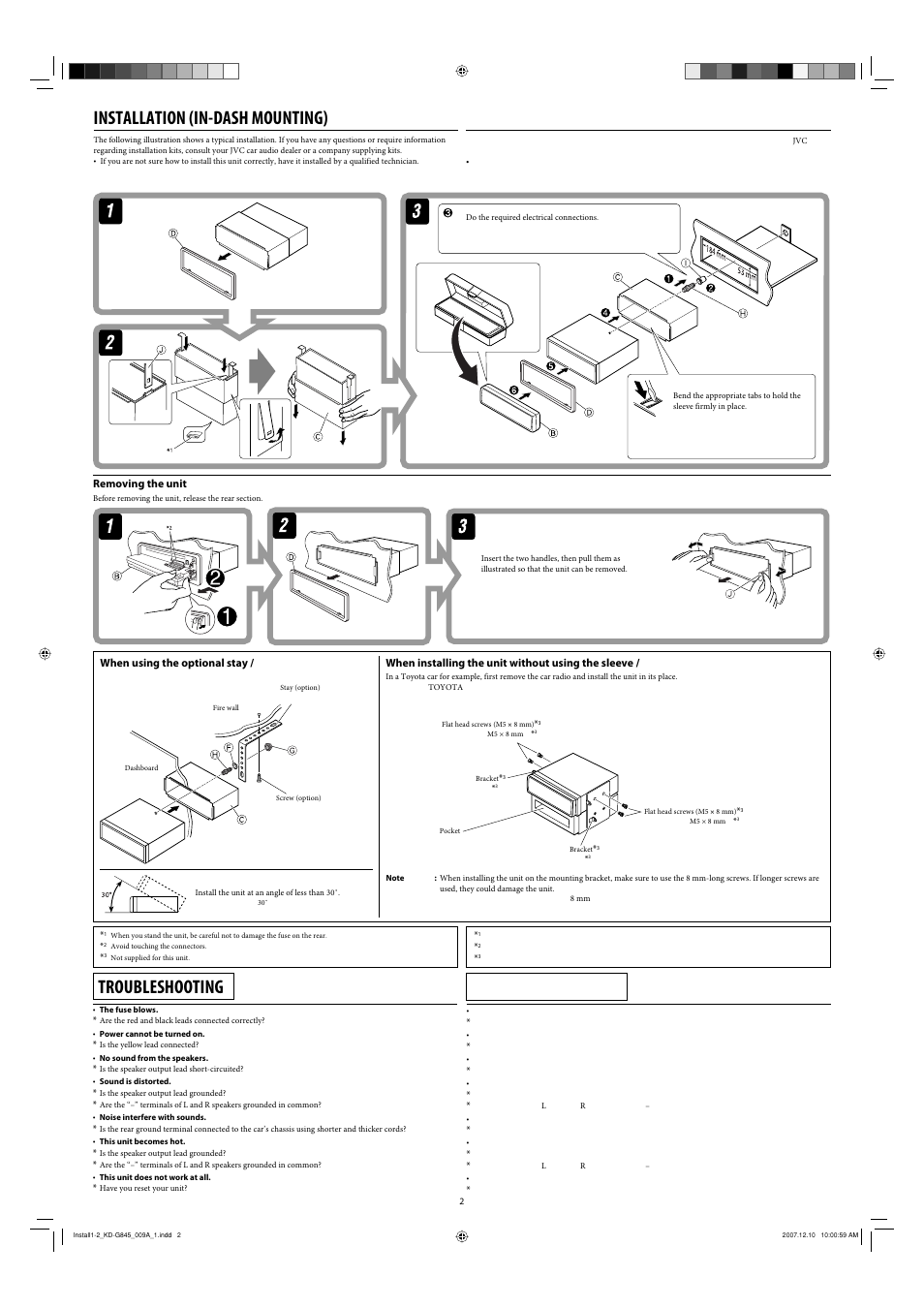 Installation, Removing the unit, Troubleshooting | Installation (in-dash mounting) | JVC KD-APD89 User Manual | Page 324 / 472