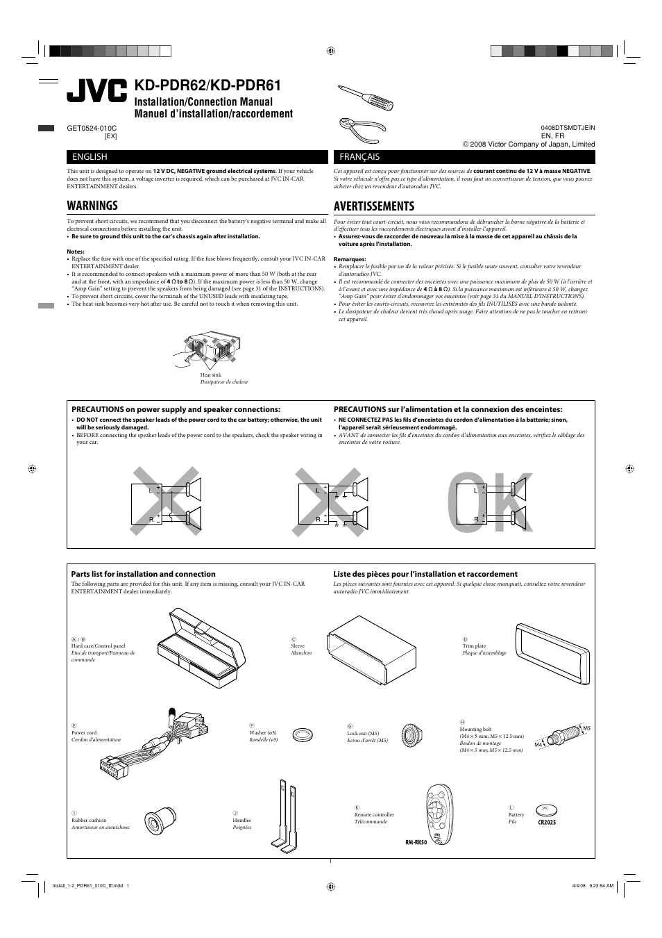 Installation/connection manual, Warnings, Parts list for installation and connection | Kd-pdr62/kd-pdr61, Avertissements, English, Français | JVC KD-APD89 User Manual | Page 419 / 472