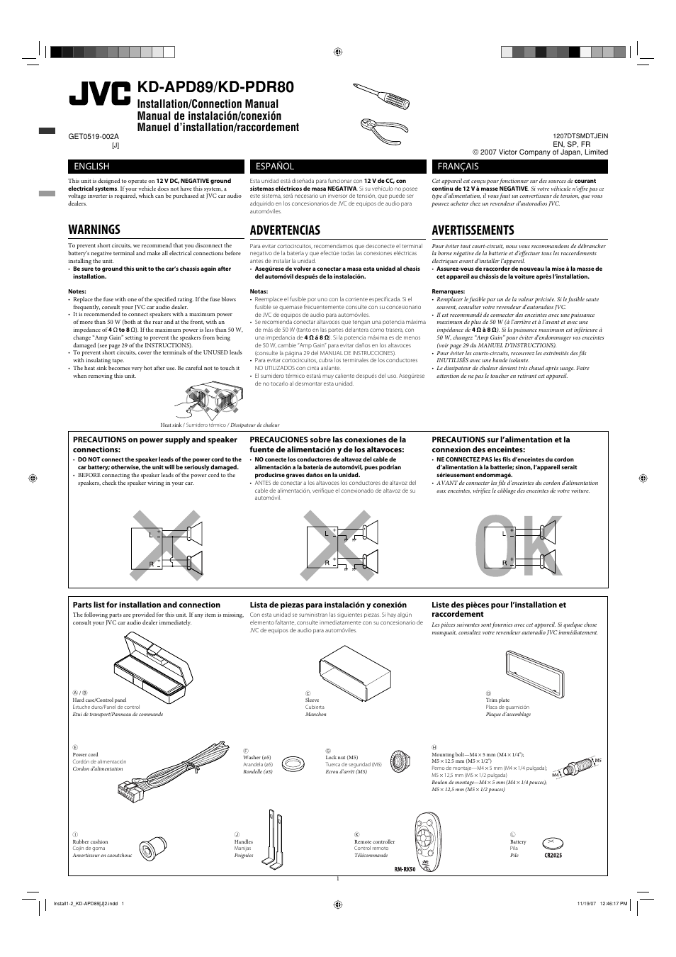 Installation/connection manual, Warnings, Parts list for installation and connection | Kd-apd89/kd-pdr80, Advertencias, Avertissements, English, Español, Français | JVC KD-APD89 User Manual | Page 49 / 472