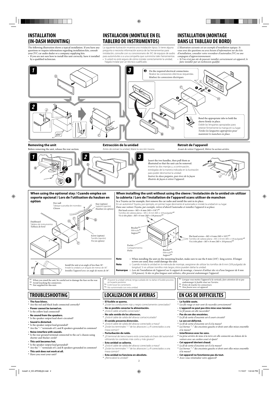 Installation, Removing the unit, Troubleshooting | Installation (in-dash mounting), Installation (montage dans le tableau de bord), Localizacion de averias, En cas de difficultes | JVC KD-APD89 User Manual | Page 50 / 472