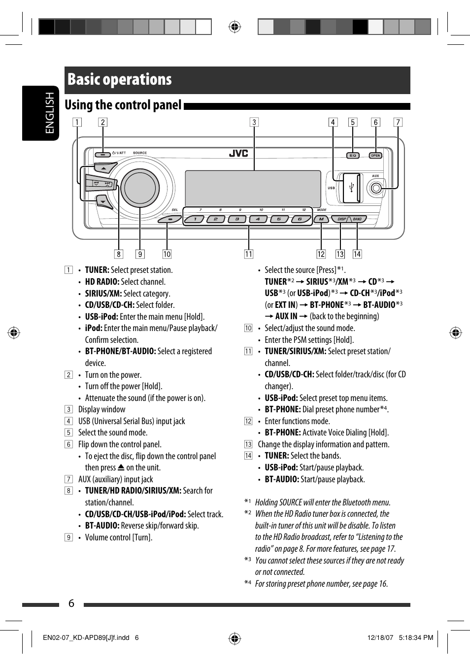 Basic operations, Using the control panel | JVC KD-APD89 User Manual | Page 6 / 472