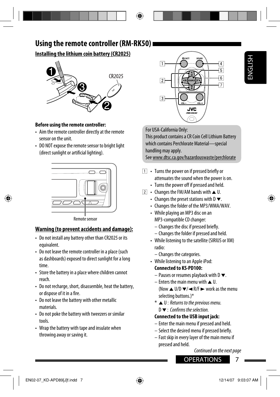 Using the remote controller (rm-rk50) | JVC KD-APD89 User Manual | Page 7 / 472