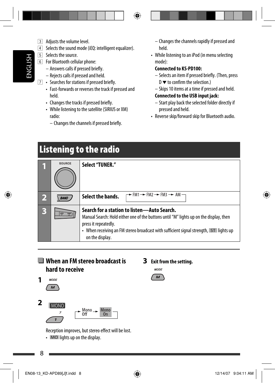 Listening to the radio | JVC KD-APD89 User Manual | Page 8 / 472