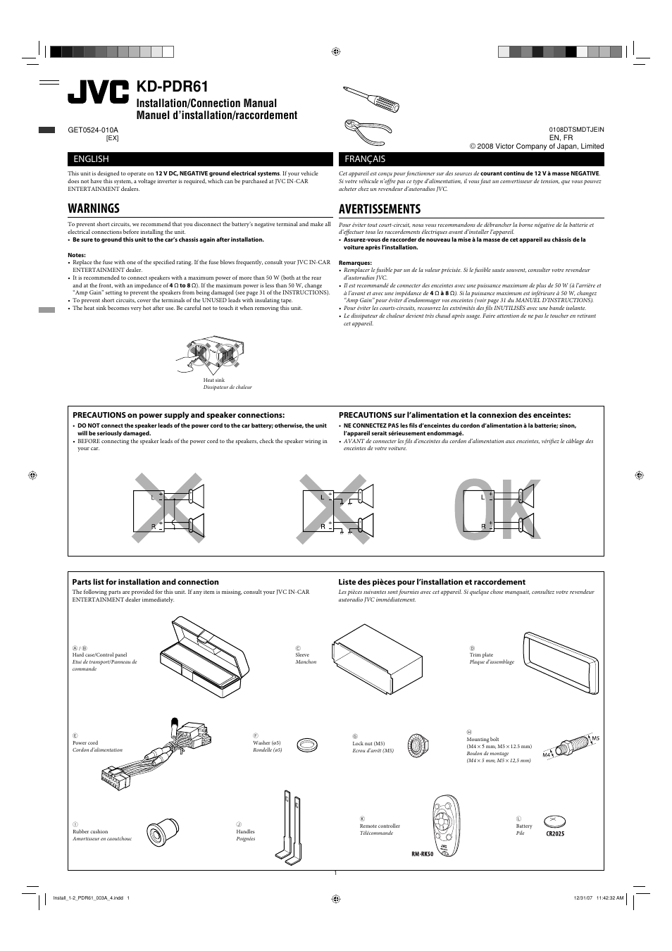 Installation/connection manual, Warnings, Parts list for installation and connection | Kd-pdr61, Avertissements, English, Français | JVC KD-APD89 User Manual | Page 99 / 472