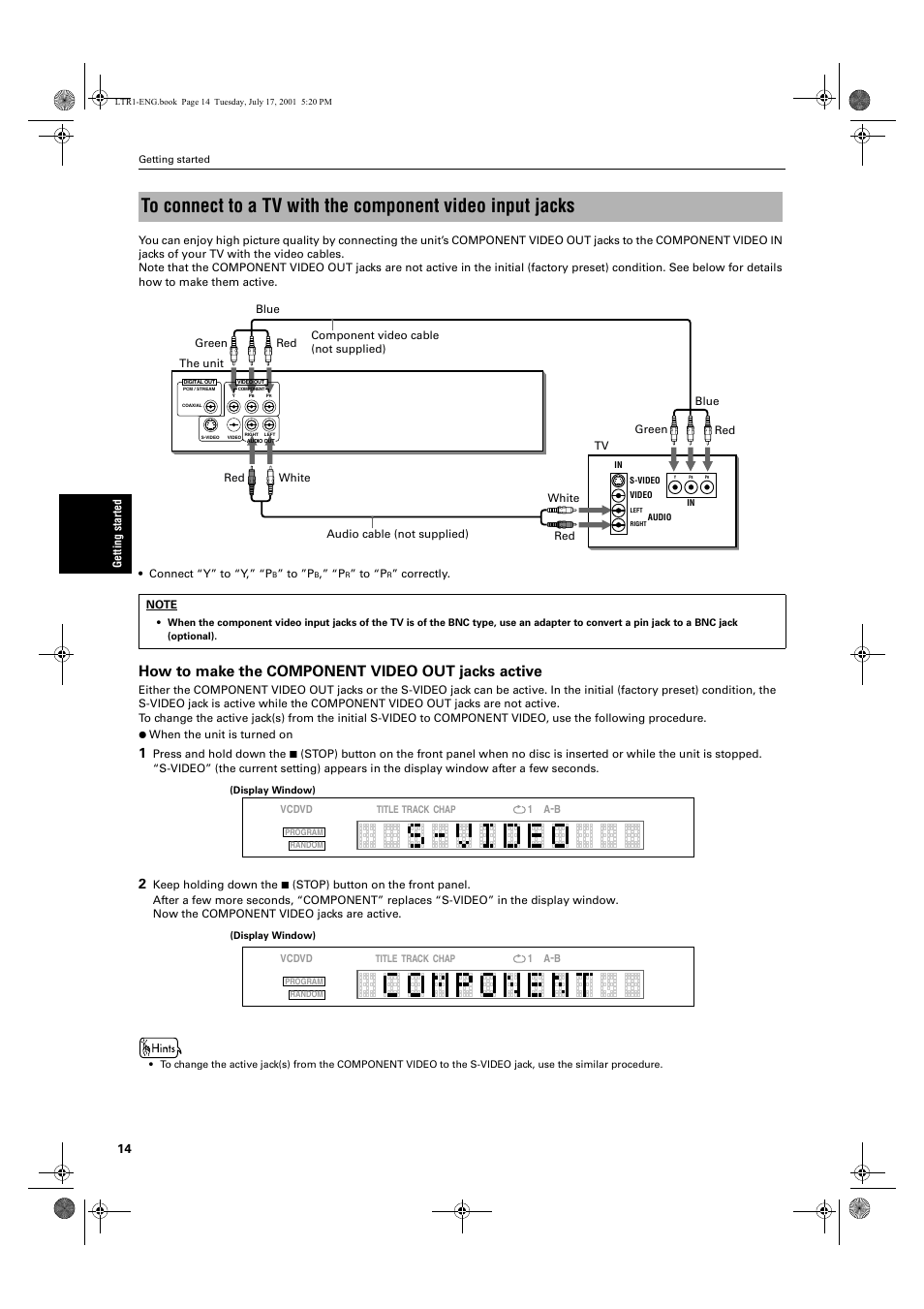 How to make the component video out jacks active | JVC XV-LTR1 User Manual | Page 16 / 50