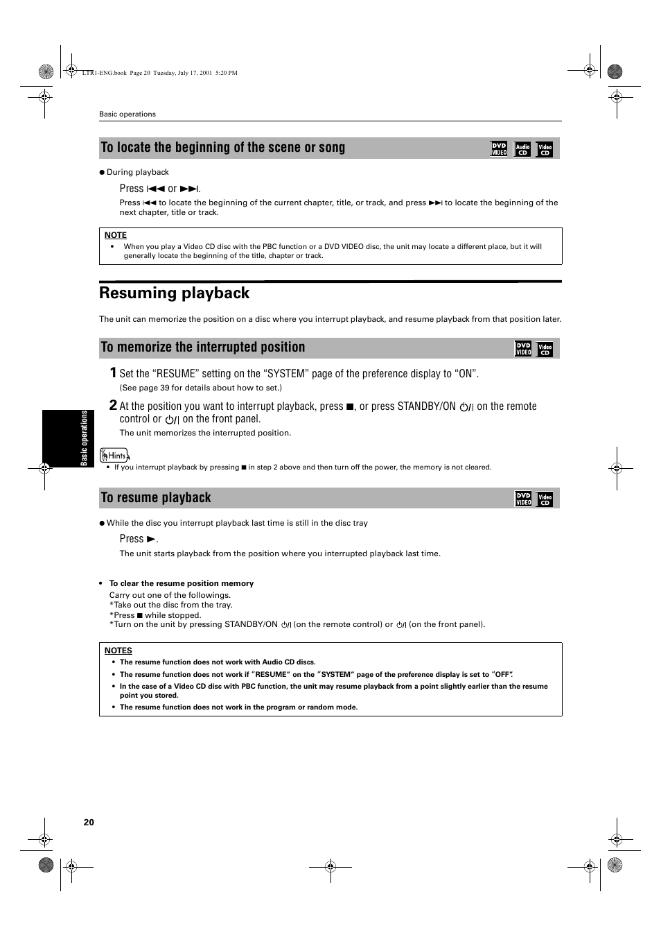 Resuming playback | JVC XV-LTR1 User Manual | Page 22 / 50
