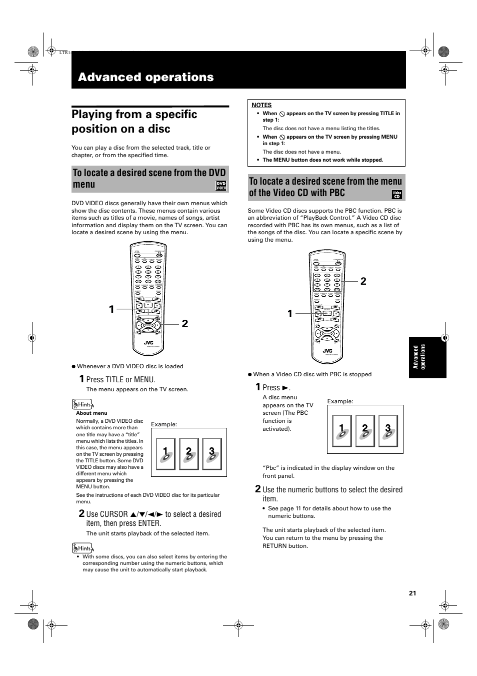 Advanced operations, Press title or menu, Press 3 | Use the numeric buttons to select the desired item, Ad va nc e d op er a tio ns, The menu appears on the tv screen, The unit starts playback of the selected item, Example | JVC XV-LTR1 User Manual | Page 23 / 50