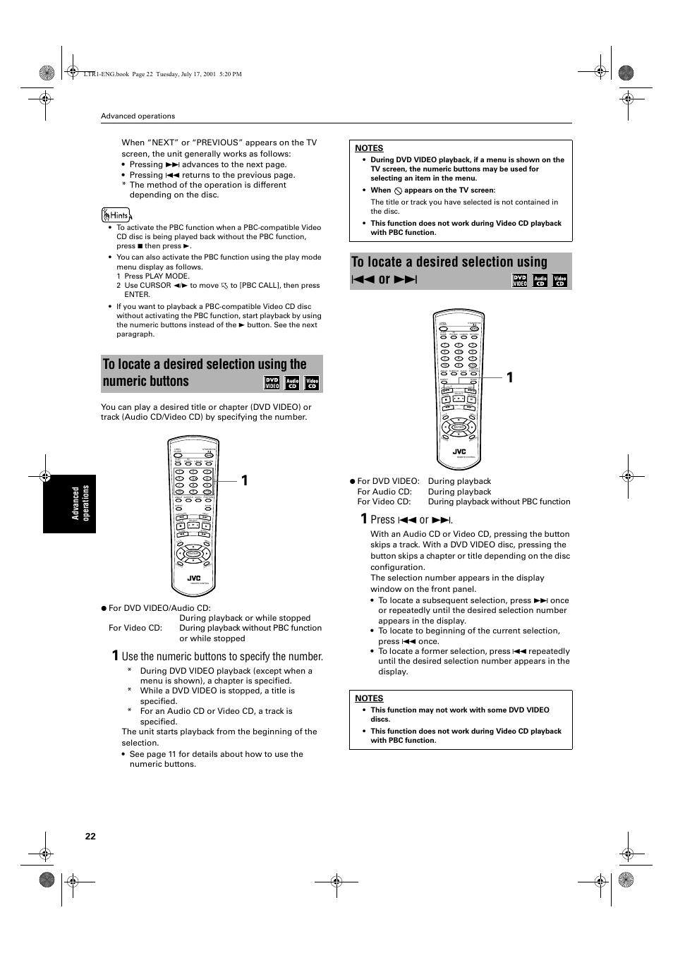 Use the numeric buttons to specify the number, Press 4 or, Advanced operations | JVC XV-LTR1 User Manual | Page 24 / 50