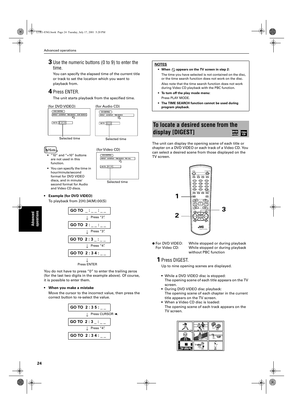 Use the numeric buttons (0 to 9) to enter the time, Press enter, Press digest | JVC XV-LTR1 User Manual | Page 26 / 50