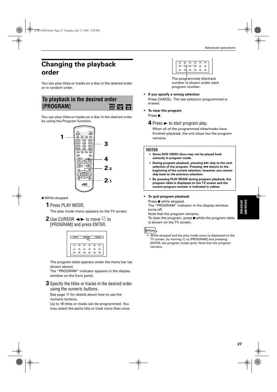 Changing the playback order, Press play mode, Press 3 to start program play | Ad va nc e d op er a tio ns, The play mode menu appears on the tv screen | JVC XV-LTR1 User Manual | Page 29 / 50