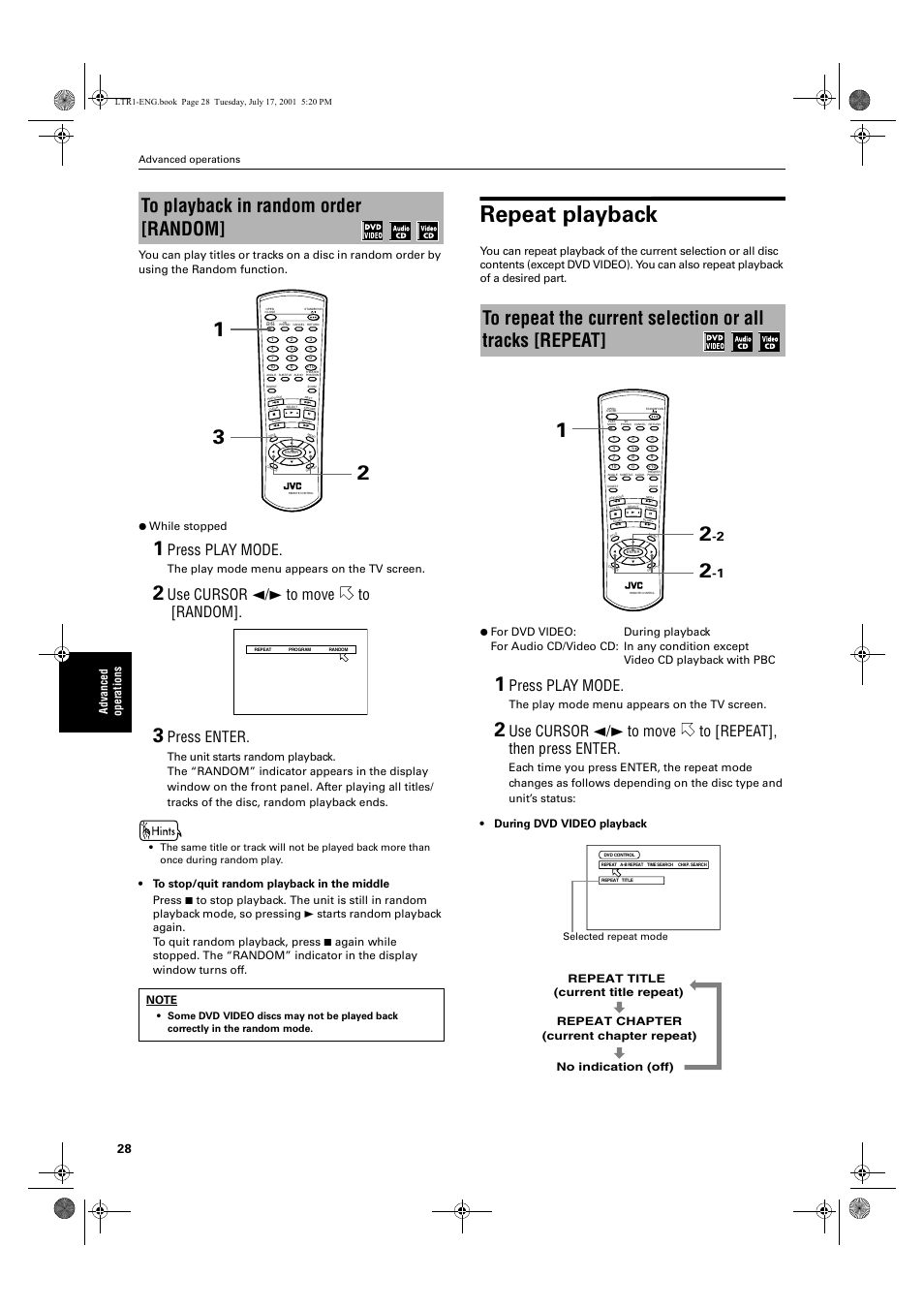 Repeat playback, Press play mode, Use cursor 2/3 to move to [random | Press enter, The play mode menu appears on the tv screen | JVC XV-LTR1 User Manual | Page 30 / 50