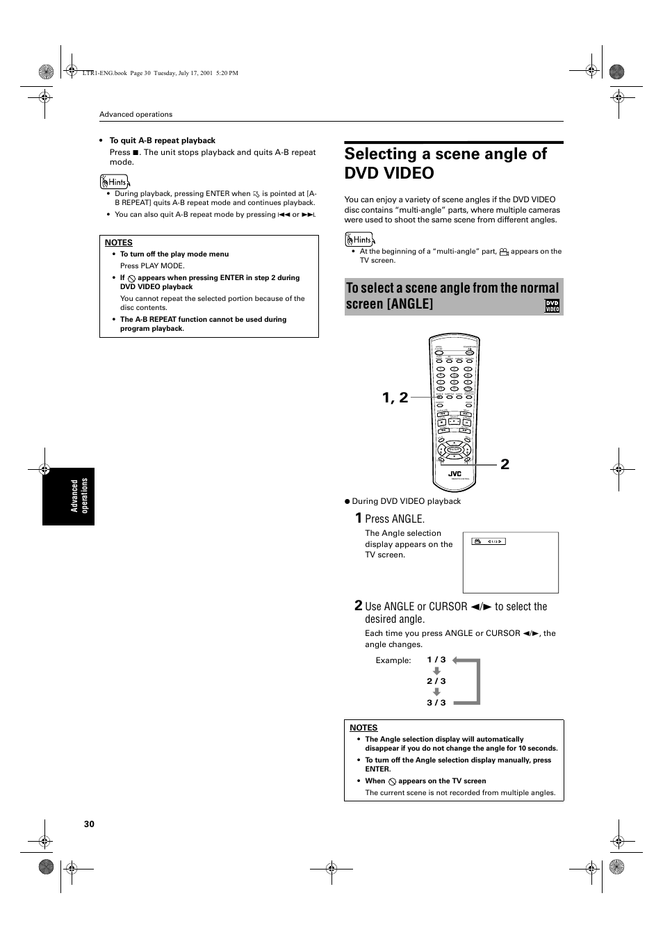 Selecting a scene angle of dvd video, Press angle, The unit stops playback and quits a-b repeat mode | During dvd video playback | JVC XV-LTR1 User Manual | Page 32 / 50