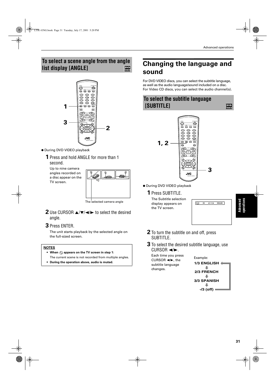 Changing the language and sound, Press and hold angle for more than 1 second, Use cursor 5/∞/2/3 to select the desired angle | Press enter, Press subtitle, Advanced operations, The selected camera angle | JVC XV-LTR1 User Manual | Page 33 / 50